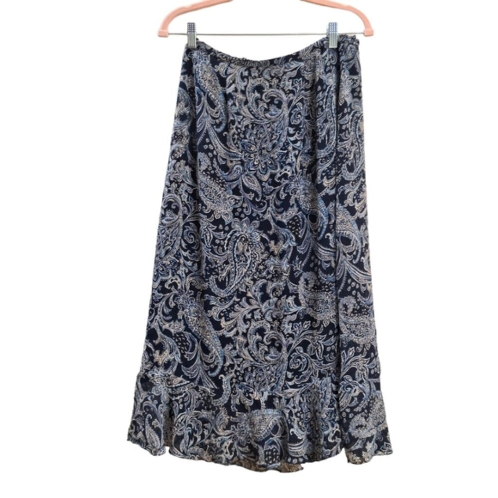 Dana Buchman Vintage Y2K Silk Midi Skirt Blue Paisley Print Ruffle Hem Skirt 10